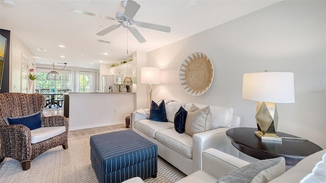9008 White Sage Loop Unit 3605, Lakewood Ranch, FL 34202 - living room with a ceiling fan, recessed lighting, baseboards, visible vents, and carpet floors