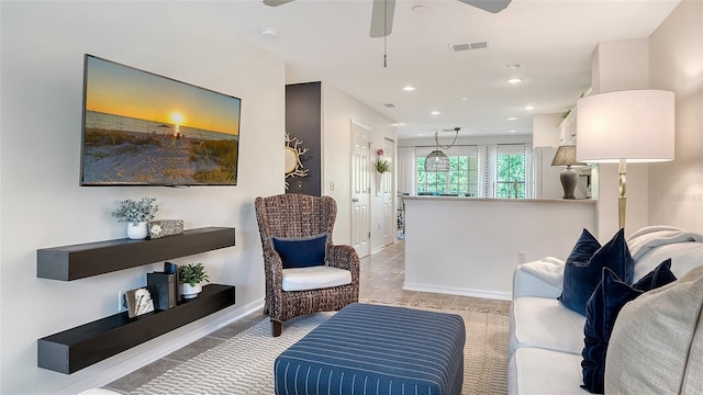 9008 White Sage Loop Unit 3605, Lakewood Ranch, FL 34202 - living area with a ceiling fan, recessed lighting, light tile patterned floors, baseboards, and visible vents