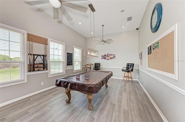 game room featuring light wood finished floors, visible vents, pool table, and ceiling fan