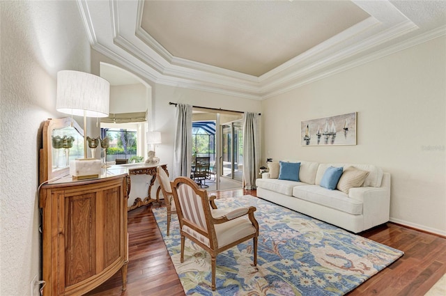 12838 Daisy Pl, Bradenton, FL 34212 - living area featuring ornamental molding, dark wood-type flooring, and a raised ceiling