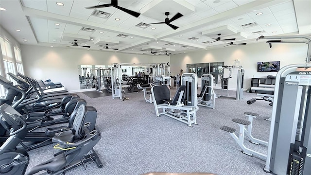 4970 Oyster Pearl St, Lakewood Ranch, FL 34211 - gym featuring coffered ceiling, ceiling fan, and visible vents