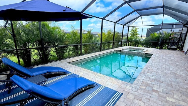 4970 Oyster Pearl St, Lakewood Ranch, FL 34211 - view of swimming pool with a pool with connected hot tub, a patio area, and glass enclosure