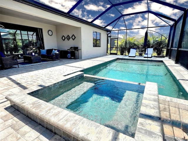 4970 Oyster Pearl St, Lakewood Ranch, FL 34211 - view of pool featuring grilling area, an outdoor hangout area, a patio, and glass enclosure