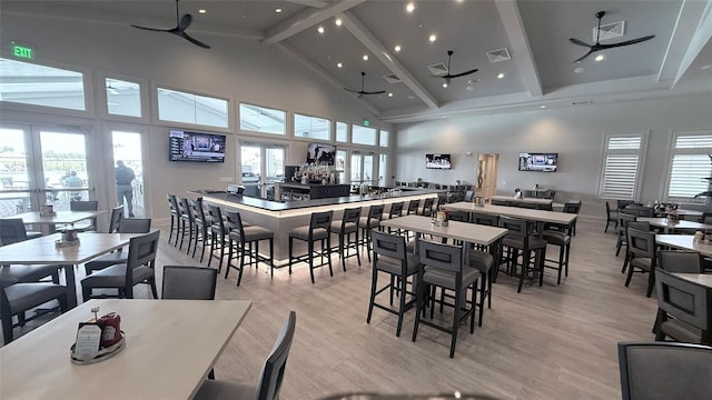4970 Oyster Pearl St, Lakewood Ranch, FL 34211 - dining area featuring beam ceiling, visible vents, a ceiling fan, and high vaulted ceiling