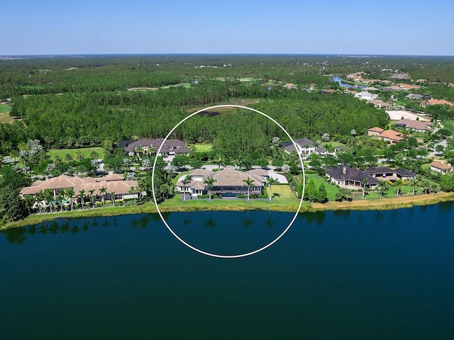 drone / aerial view featuring a residential view, a water view, and a view of trees