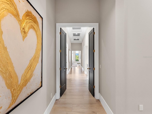 hall featuring baseboards, light wood-type flooring, and a tray ceiling