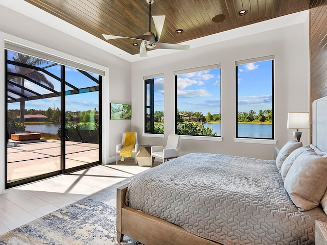 bedroom with access to outside, a water view, ceiling fan, and wood ceiling