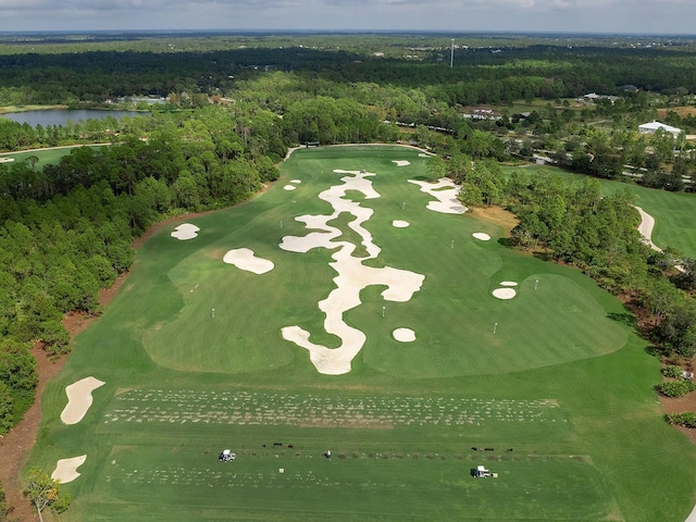 bird's eye view with golf course view, a water view, and a forest view