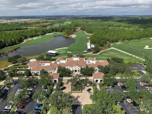 bird's eye view with golf course view and a water view
