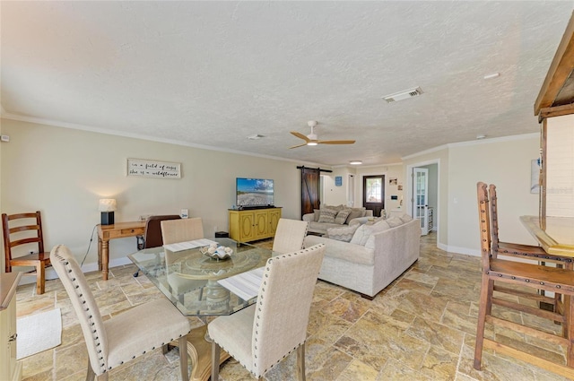 dining space with a ceiling fan, crown molding, stone tile flooring, baseboards, and visible vents