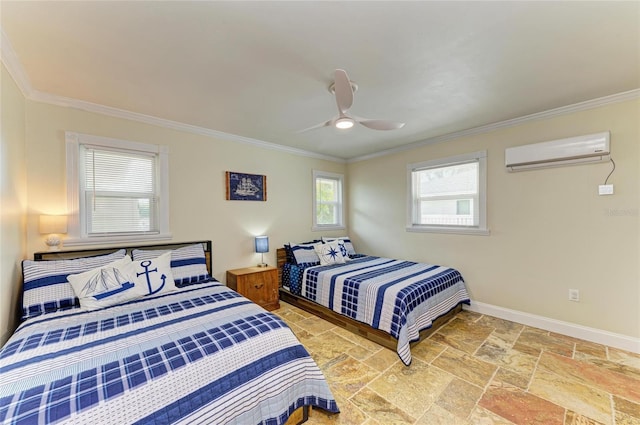 bedroom featuring a wall mounted AC, stone tile floors, baseboards, and ornamental molding