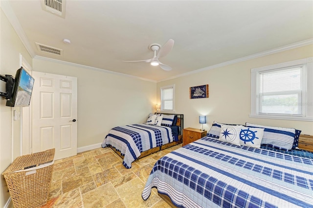 bedroom featuring stone tile flooring, ceiling fan, visible vents, and ornamental molding