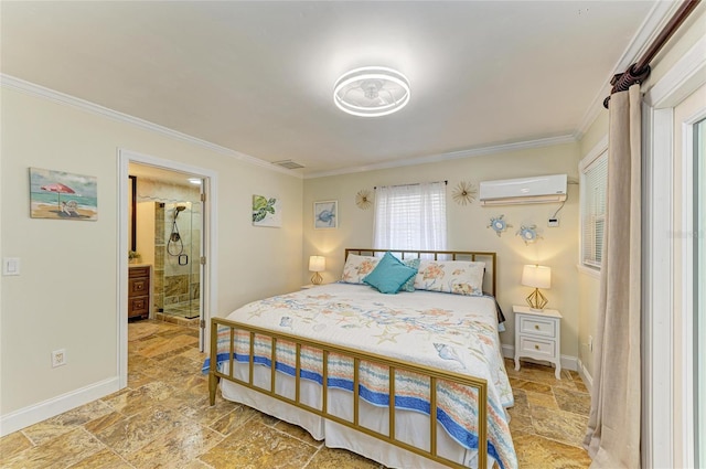 bedroom featuring an AC wall unit, stone tile floors, baseboards, ornamental molding, and visible vents