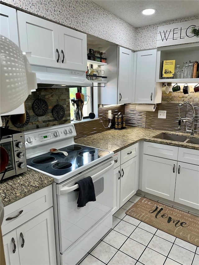 kitchen featuring under cabinet range hood, tasteful backsplash, white electric stove, and a sink