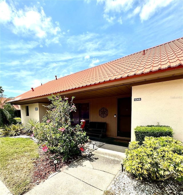 doorway to property featuring a tile roof and stucco siding