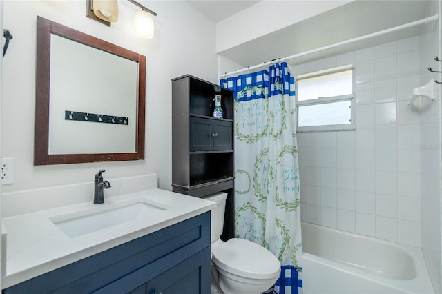 bathroom with toilet, vanity, and shower / bathtub combination with curtain