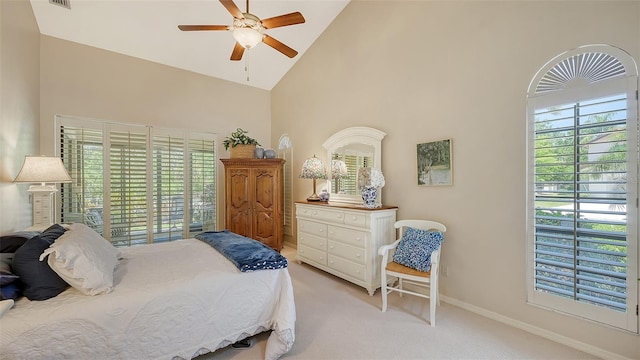 4691 Las Brisas Ln, Sarasota, FL 34238 - bedroom featuring light colored carpet, high vaulted ceiling, a ceiling fan, baseboards, and visible vents