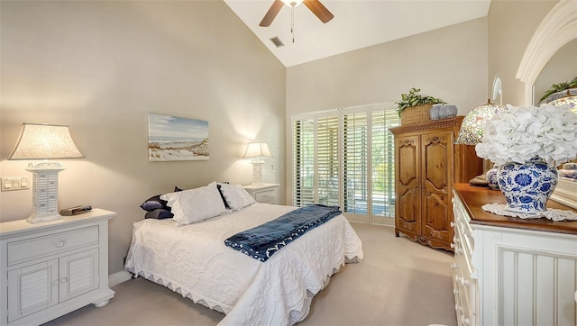 4691 Las Brisas Ln, Sarasota, FL 34238 - bedroom featuring high vaulted ceiling, visible vents, ceiling fan, and light colored carpet