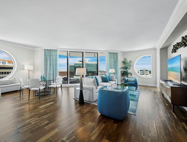 1771 Ringling Blvd Unit 1104, Sarasota, FL 34236 - living area featuring baseboards, ornamental molding, wood finished floors, and a wealth of natural light