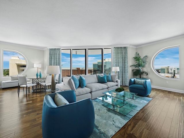 1771 Ringling Blvd Unit 1104, Sarasota, FL 34236 - living area featuring crown molding, a wealth of natural light, and dark wood-type flooring
