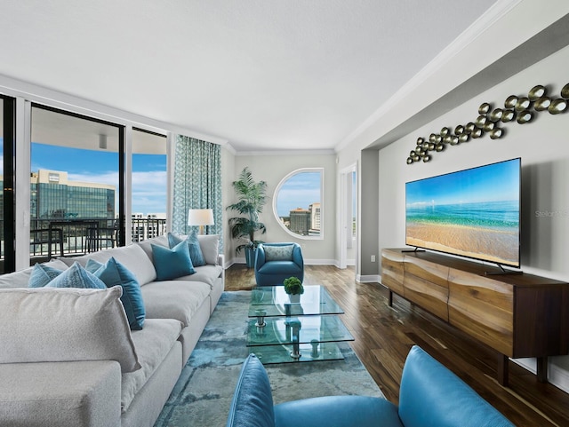 1771 Ringling Blvd Unit 1104, Sarasota, FL 34236 - living room with crown molding, baseboards, and wood finished floors