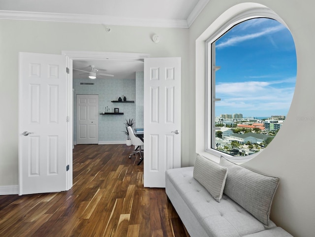 1771 Ringling Blvd Unit 1104, Sarasota, FL 34236 - living area featuring a ceiling fan, visible vents, wood finished floors, baseboards, and ornamental molding