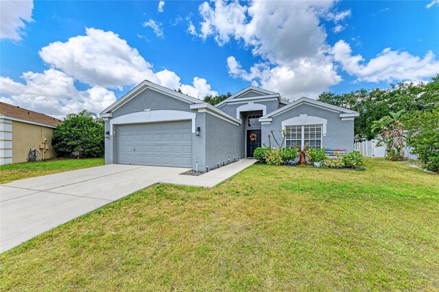 single story home featuring a garage, concrete driveway, and stucco siding
