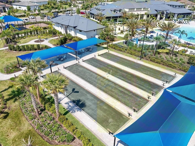 aerial perspective of suburban area with a pool