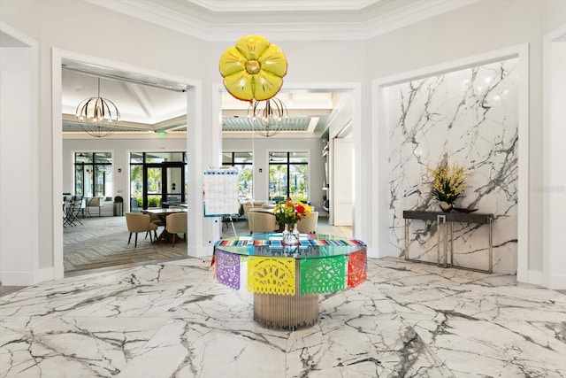 common area featuring crown molding and coffered ceiling