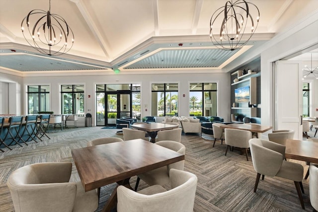 common area featuring beamed ceiling, coffered ceiling, and crown molding