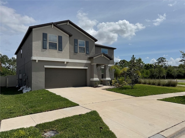view of front of home with a garage, driveway, a front lawn, and stucco siding