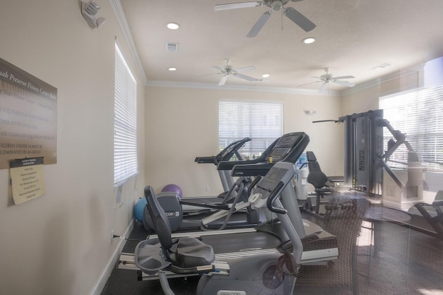 8045 Tybee Ct Unit 8045, University Park, FL 34201 - workout area featuring baseboards, ornamental molding, a ceiling fan, and a wealth of natural light