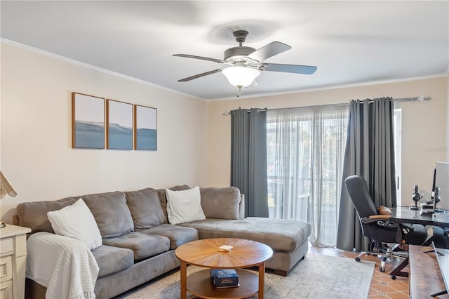 living area featuring a ceiling fan and ornamental molding