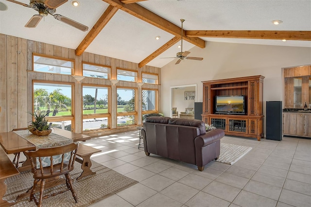 621 Ivanhoe Ln, Holmes Beach, FL 34217 - living area featuring high vaulted ceiling, light tile patterned floors, ceiling fan, beamed ceiling, and recessed lighting