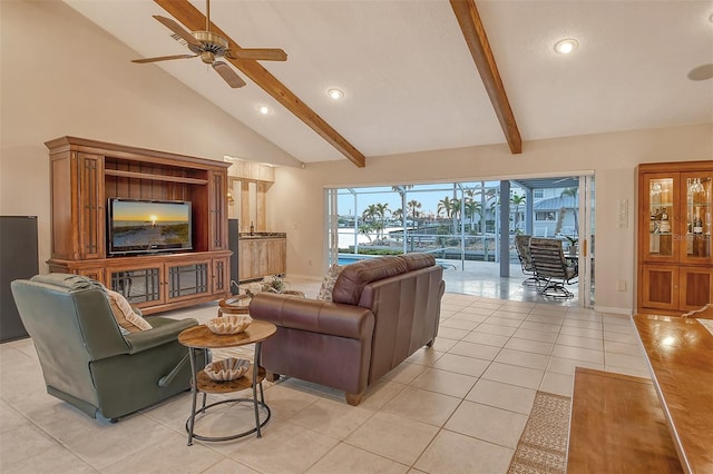 621 Ivanhoe Ln, Holmes Beach, FL 34217 - living room featuring high vaulted ceiling, a ceiling fan, light tile patterned flooring, beamed ceiling, and recessed lighting