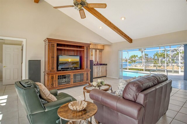 621 Ivanhoe Ln, Holmes Beach, FL 34217 - living room featuring high vaulted ceiling, ceiling fan, beam ceiling, and light tile patterned floors