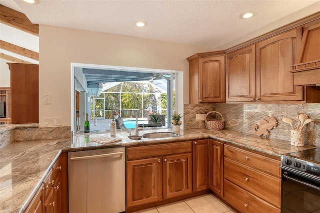 621 Ivanhoe Ln, Holmes Beach, FL 34217 - kitchen with a sink, electric range, backsplash, light stone countertops, and dishwasher