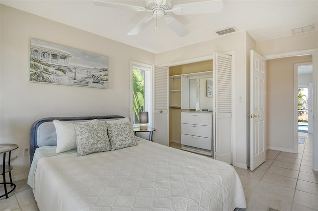 621 Ivanhoe Ln, Holmes Beach, FL 34217 - bedroom featuring visible vents, a ceiling fan, light tile patterned flooring, a closet, and baseboards