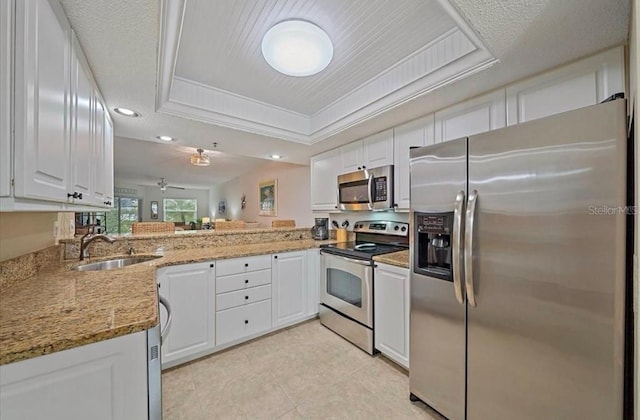 kitchen featuring a sink, a raised ceiling, white cabinetry, and stainless steel appliances