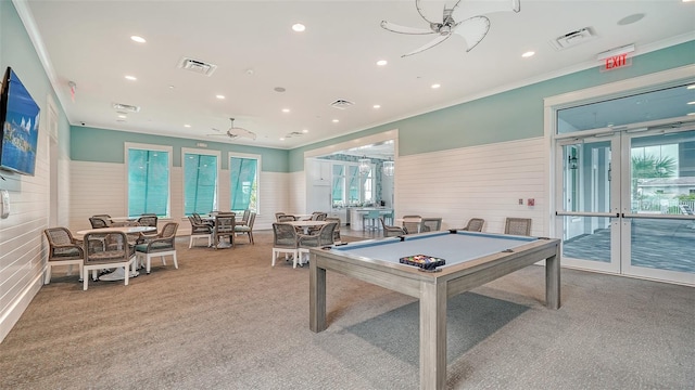 recreation room with light colored carpet, french doors, pool table, recessed lighting, and crown molding