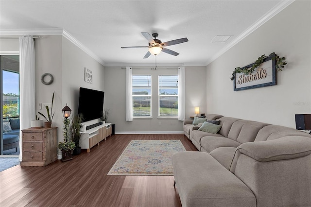 living room featuring baseboards, ornamental molding, ceiling fan, and dark wood-style flooring