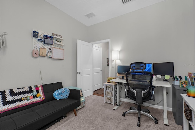 home office featuring baseboards, visible vents, and carpet flooring