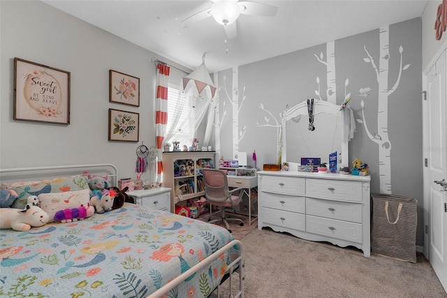 bedroom featuring ceiling fan and light colored carpet