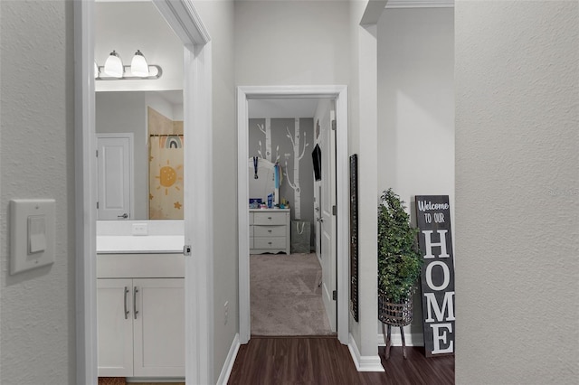 interior space featuring walk in shower, wood finished floors, vanity, and a textured wall