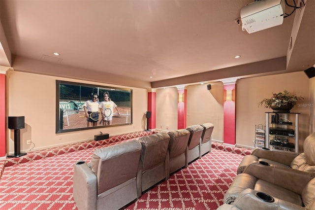 carpeted cinema with baseboards and recessed lighting