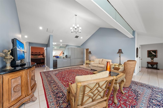 living area with light tile patterned floors, visible vents, a chandelier, and lofted ceiling