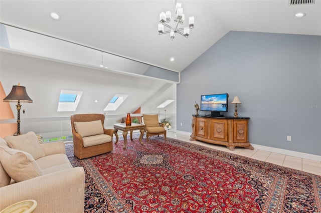 living area with visible vents, a skylight, tile patterned floors, high vaulted ceiling, and a notable chandelier