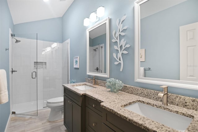 full bath with double vanity, toilet, a sink, and a stall shower