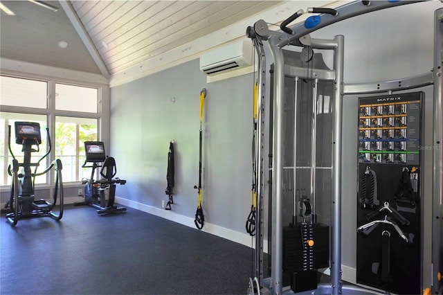 exercise room featuring wood ceiling, baseboards, a wall mounted air conditioner, and lofted ceiling
