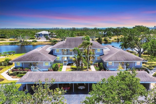 drone / aerial view with a water view